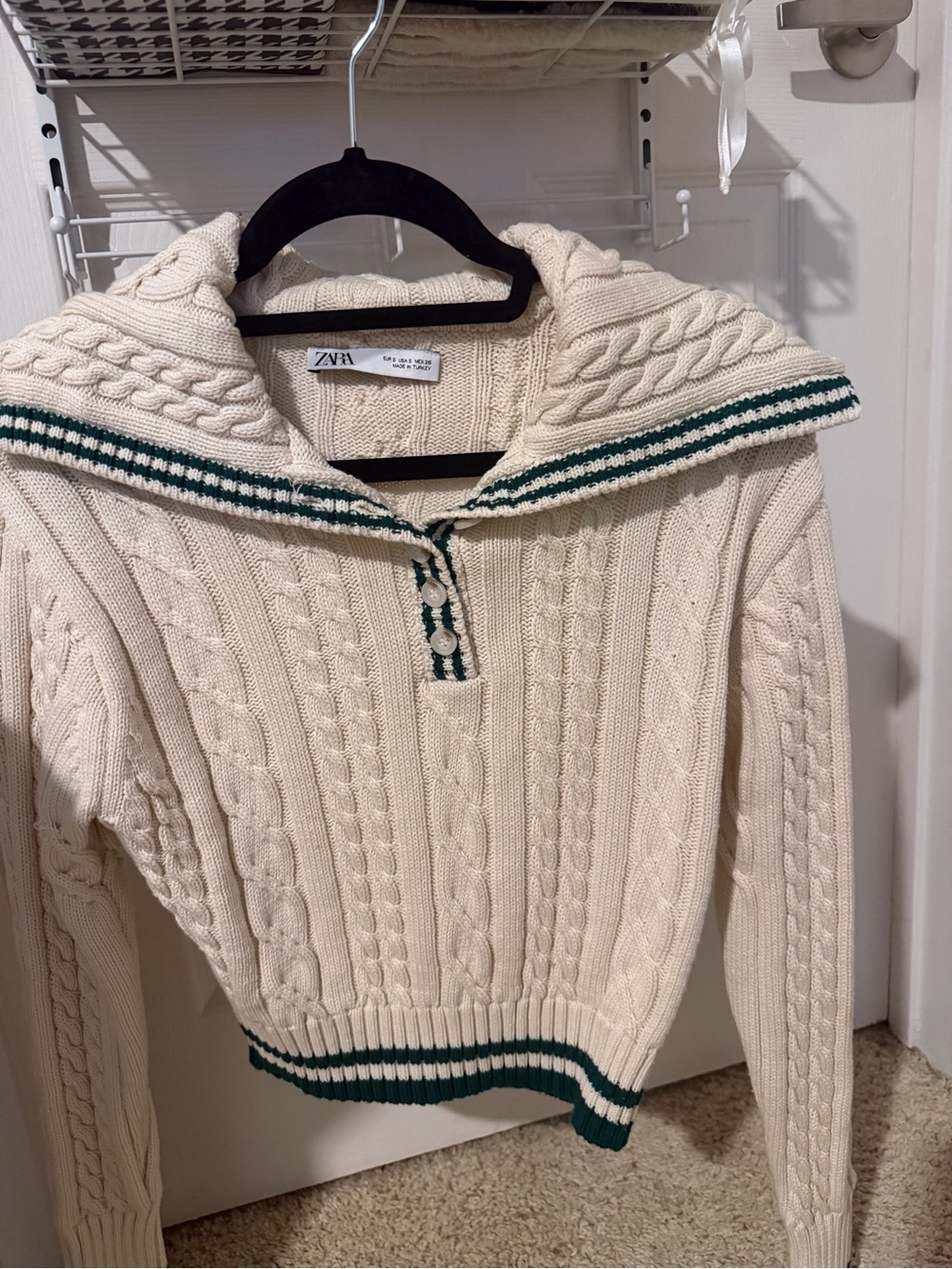 Zara Vintage Cream Cable Knit Sweater with Green Stripe Sailor Collar